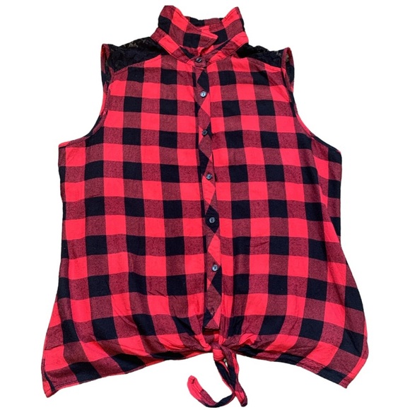 NO BOUNDARIES Buffalo Plaid Shirt With Lace Tie Front Red Ladies Sz Small/Girls - Picture 5 of 9